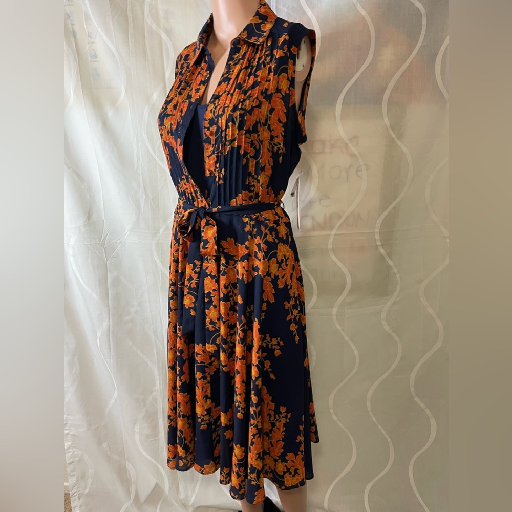 Nanette Lepore navy orange floral pleated sleeveless shirt dress